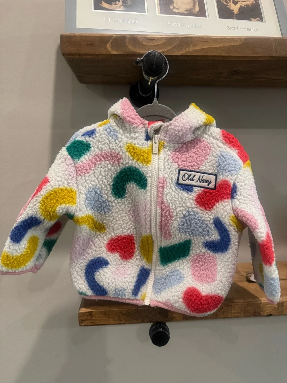 Old Navy White Sherpa Hoodie with Multicolor Heart & Abstract Shapes, 12-18mos